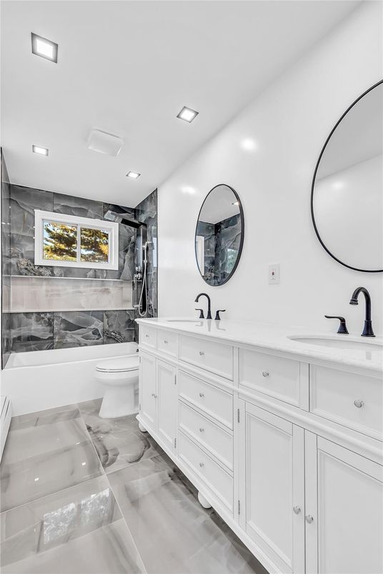 Bathroom, Dual Sink Vanities, Interior, Marble, Recessed Lighting
