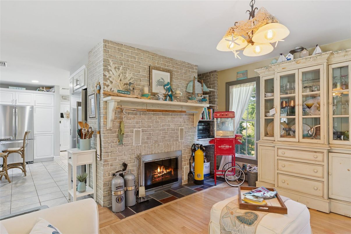 Fireplace, Interior, Kitchen, Pendant Lights, Recessed Lighting, Stone Walls, Wood Texture Flooring