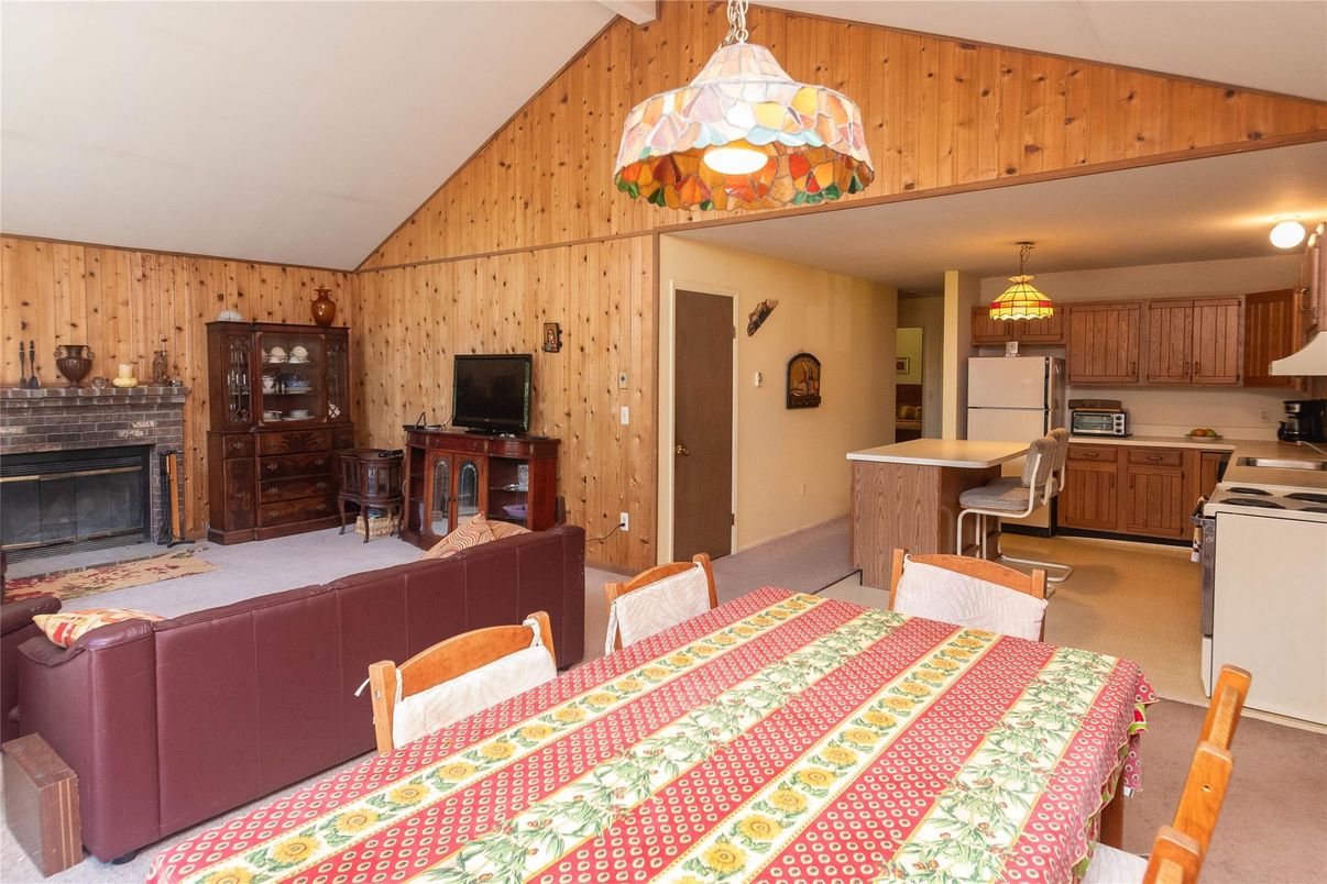 Dining room, Fireplace, Interior, Kitchen, Pendant Lights, Wooden Walls