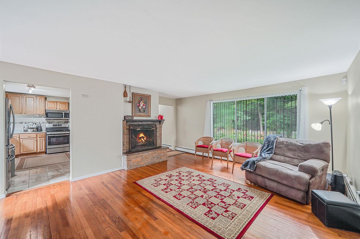 Fireplace, Interior, Kitchen, Living room, Stainless Steel Appliances, Wood Texture Flooring