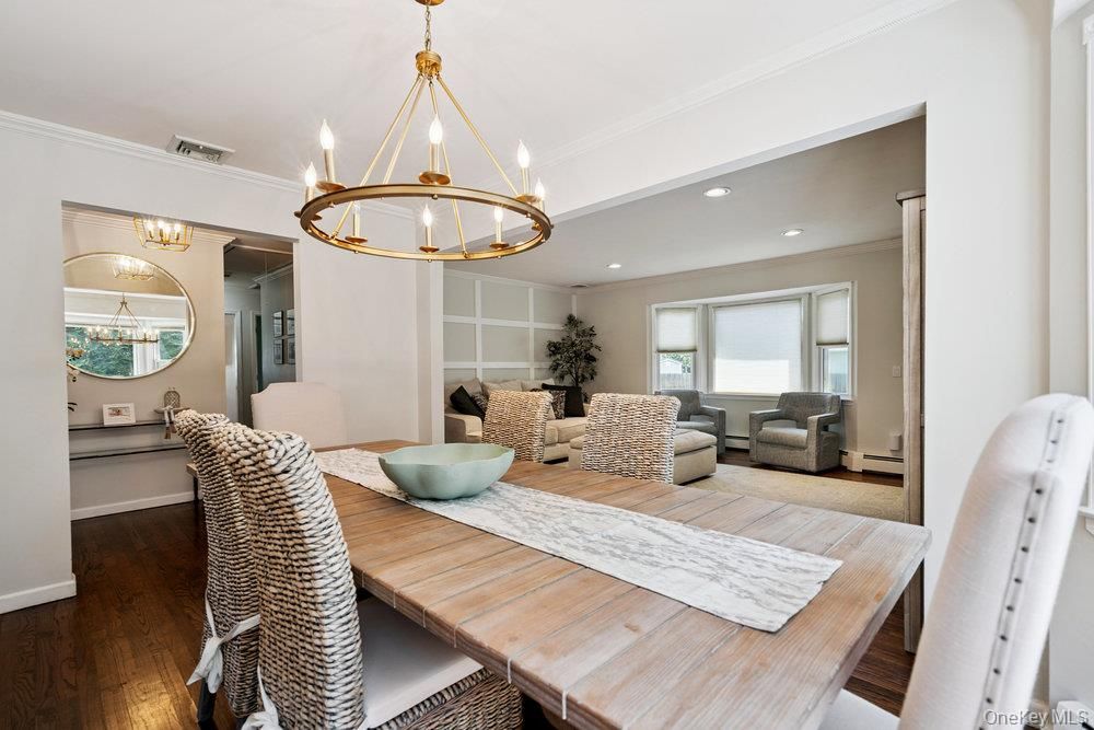 Dining room, Interior, Living room, Pendant Lights, Recessed Lighting, Wood Texture Flooring