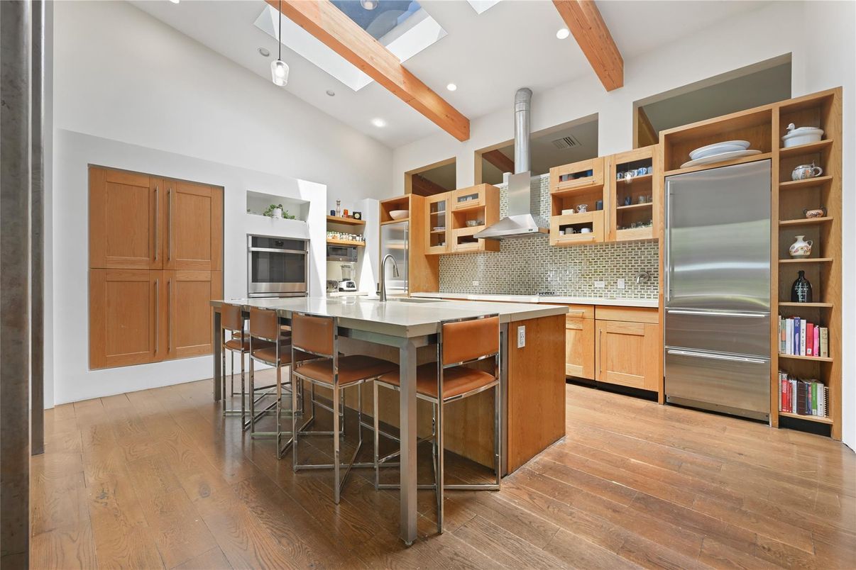 Interior, Kitchen, Pendant Lights, Recessed Lighting, Stainless Steel Appliances, Wooden Beams, Wood Texture Flooring