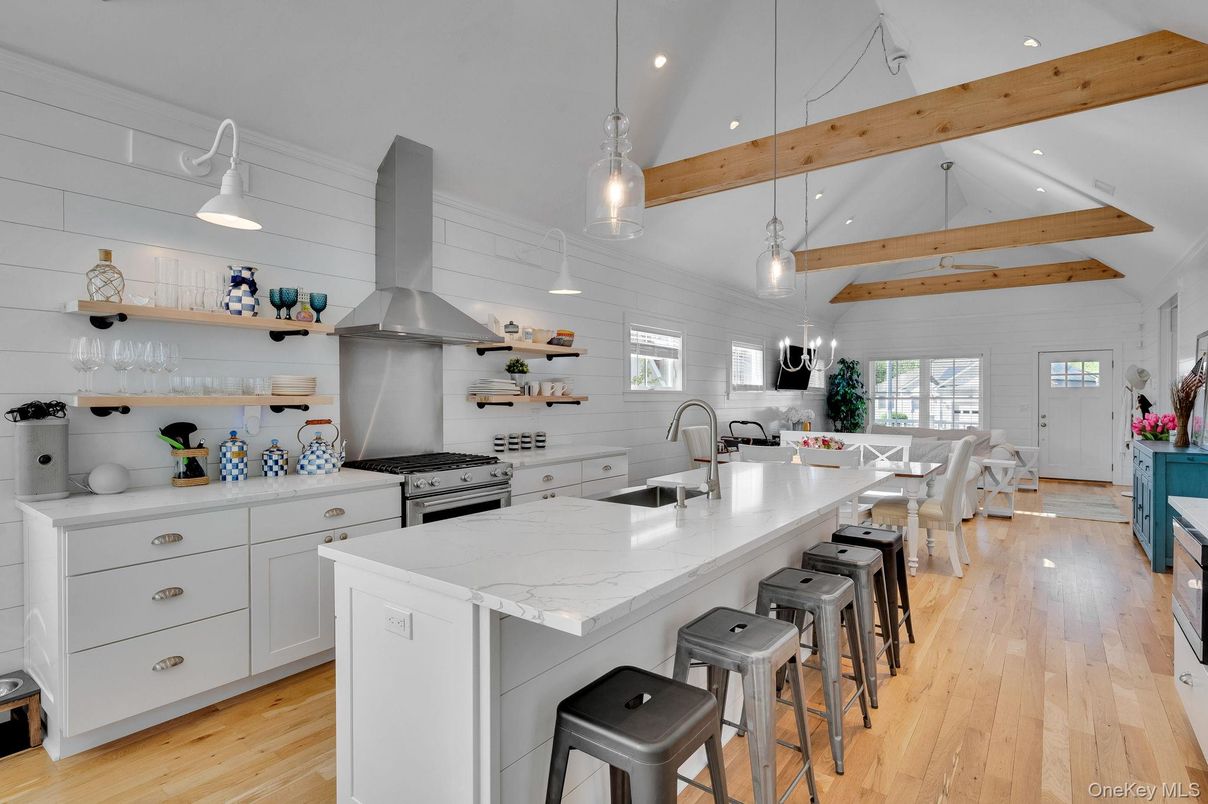 Interior, Kitchen, Pendant Lights, Recessed Lighting, Stainless Steel Appliances, Wooden Beams, Wood Texture Flooring