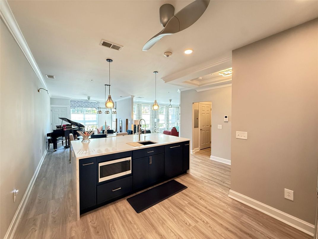 Interior, Kitchen, Pendant Lights, Recessed Lighting, Wood Texture Flooring