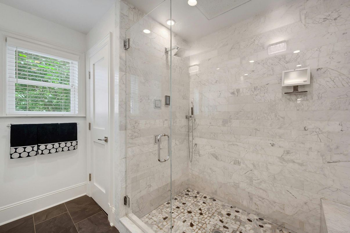 Bathroom, Glass Shower, Interior, Marble Walls, Recessed Lighting