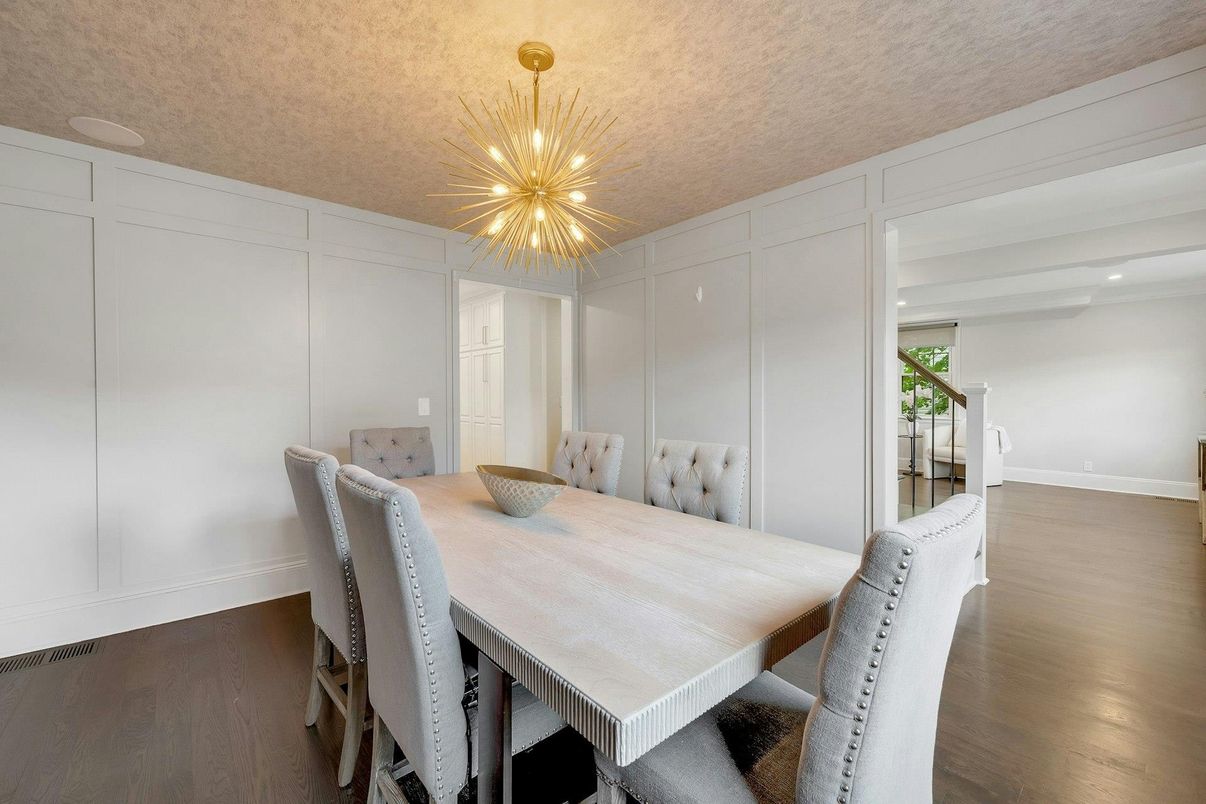 Dining room, Interior, Recessed Lighting, Wood Texture Flooring