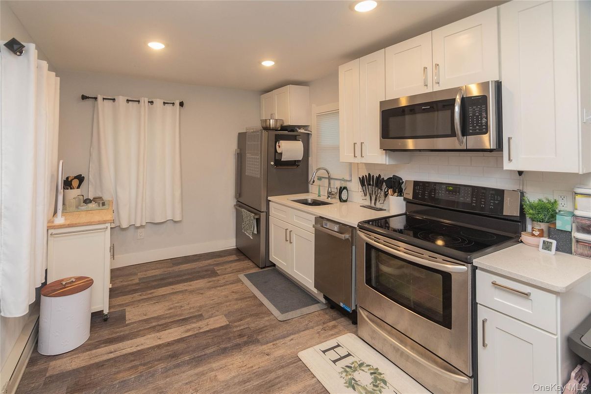 Interior, Kitchen, Recessed Lighting, Stainless Steel Appliances, Wood Texture Flooring