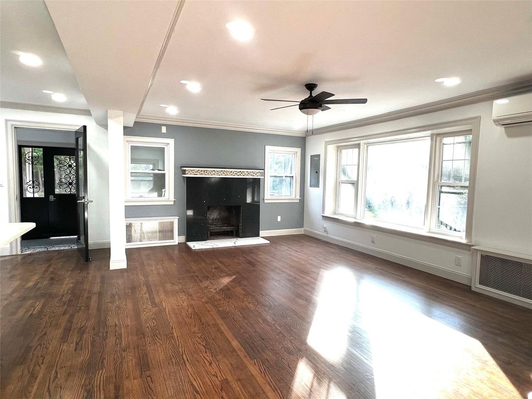 Empty room, Fireplace, Interior, Recessed Lighting, Wood Texture Flooring