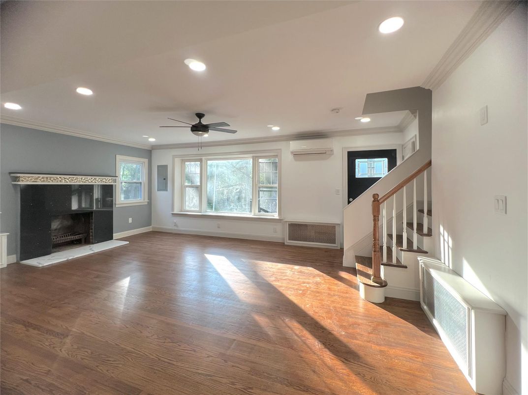 Empty room, Fireplace, Interior, Recessed Lighting, Wood Texture Flooring