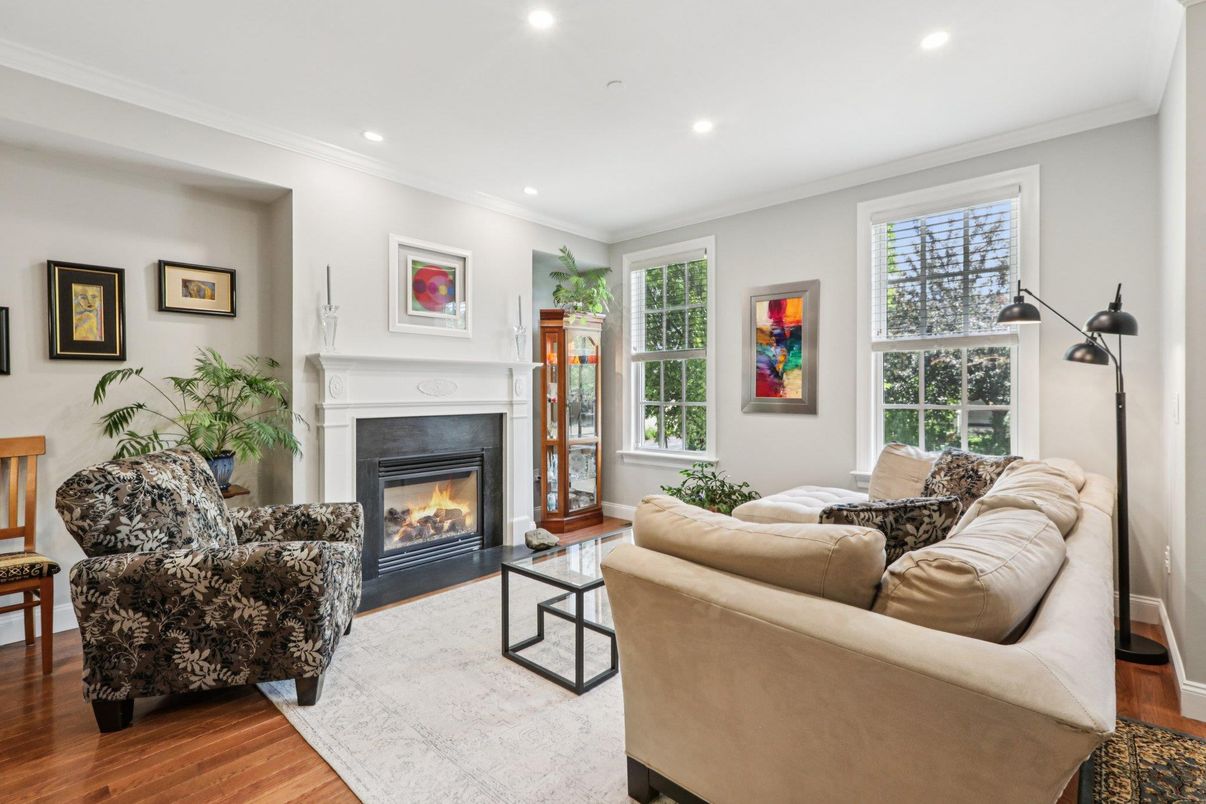 Fireplace, Interior, Living room, Recessed Lighting, Wood Texture Flooring