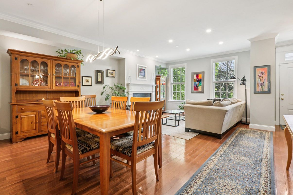 Dining room, Fireplace, Interior, Living room, Pendant Lights, Recessed Lighting, Wood Texture Flooring