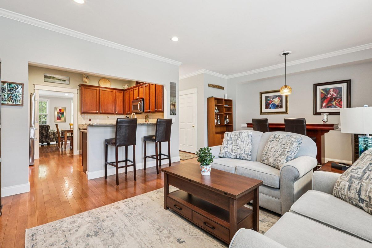Dining room, Interior, Kitchen, Living room, Pendant Lights, Recessed Lighting, Wood Texture Flooring