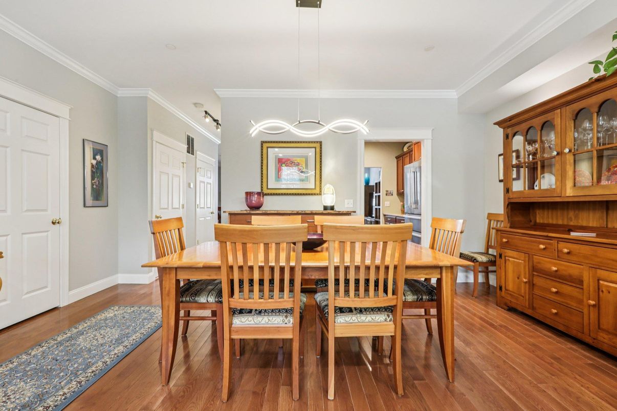Dining room, Interior, Pendant Lights, Wood Texture Flooring