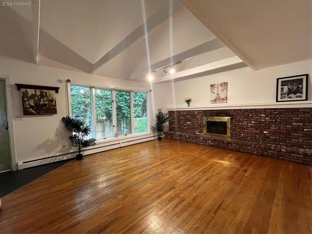Empty room, Fireplace, Interior, Stone Walls, Wood Texture Flooring
