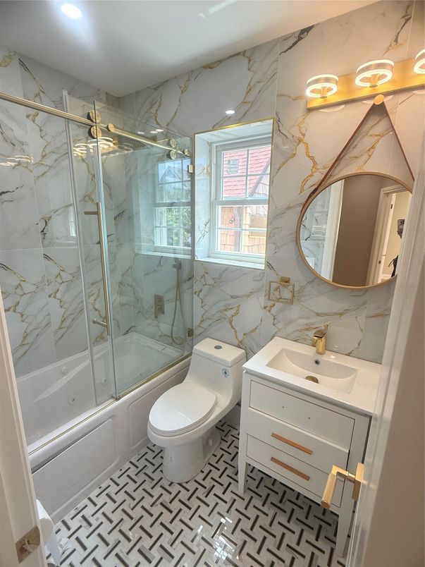 Bathroom, Glass Shower, Interior, Marble Walls, Recessed Lighting