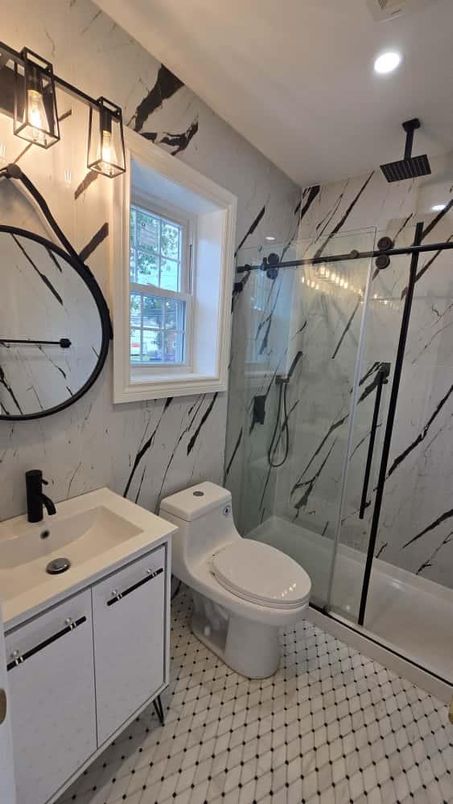 Bathroom, Glass Shower, Interior, Marble Walls, Recessed Lighting