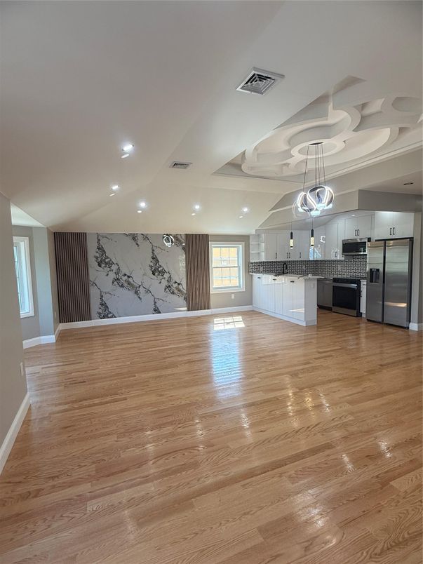 Interior, Kitchen, Pendant Lights, Recessed Lighting, Stainless Steel Appliances, Wood Texture Flooring