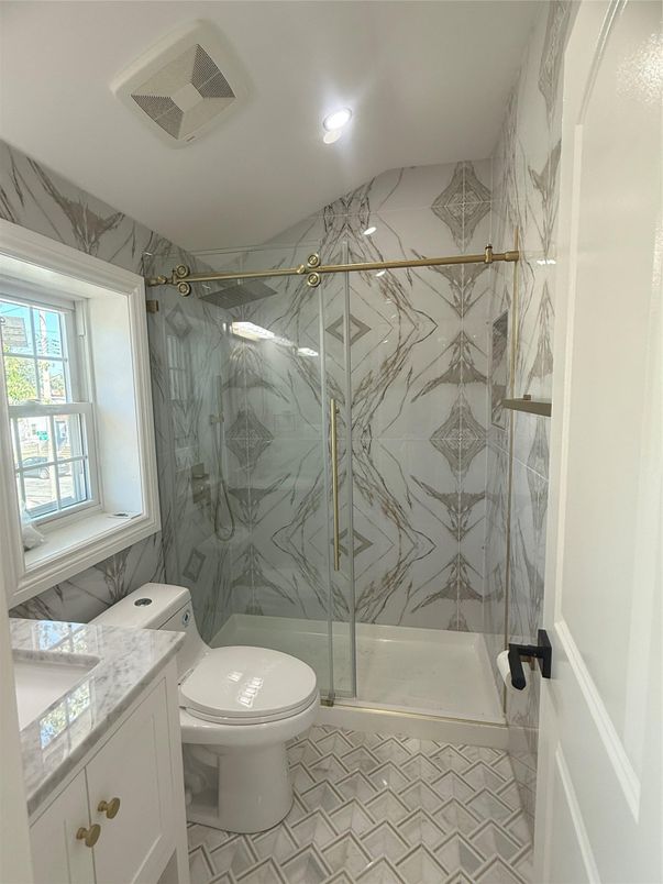 Bathroom, Glass Shower, Interior, Marble Walls, Recessed Lighting