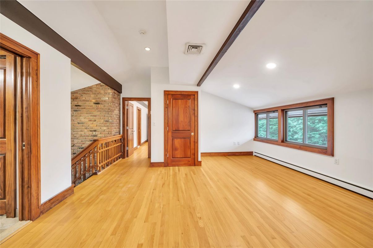 Empty room, Interior, Recessed Lighting, Stone Walls, Wood Texture Flooring