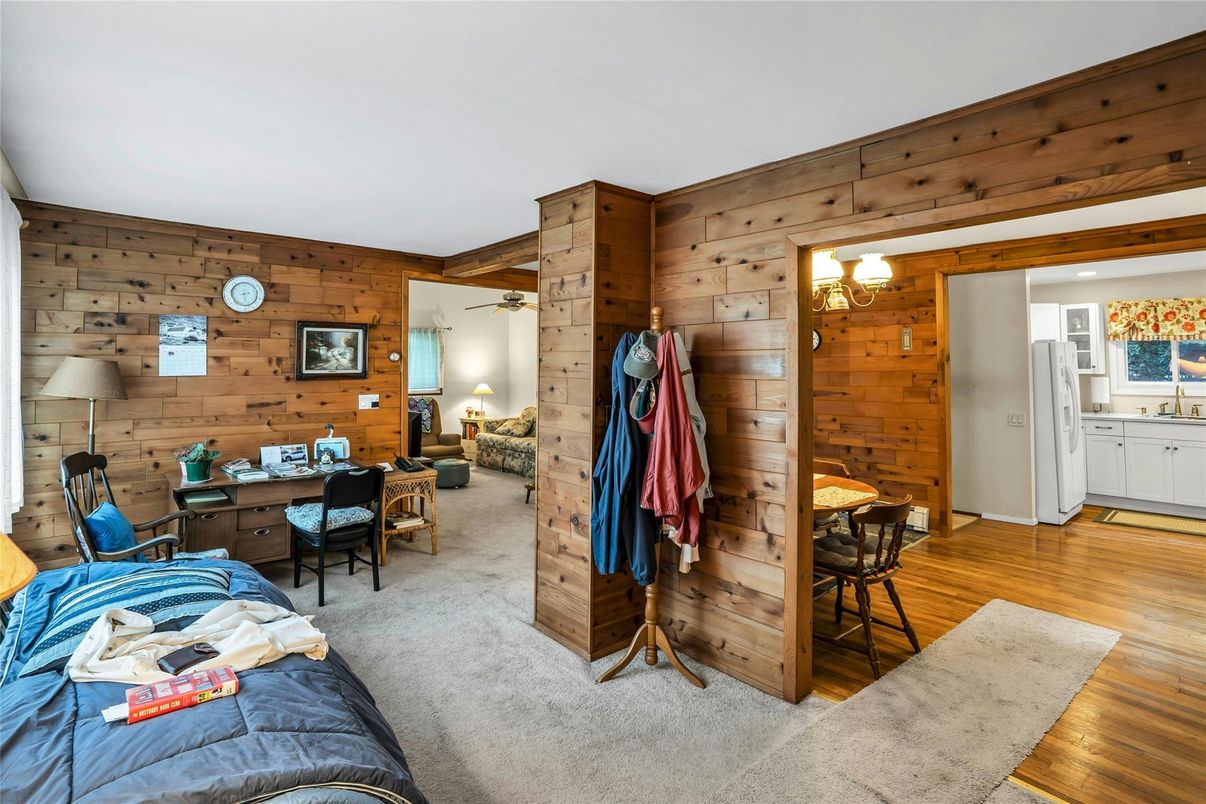 Home Office, Interior, Recessed Lighting, Wood Texture Flooring, Wooden Walls