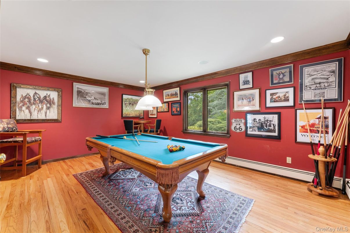 Billiard Table, Game Room, Interior, Pendant Lights, Recessed Lighting, Wood Texture Flooring