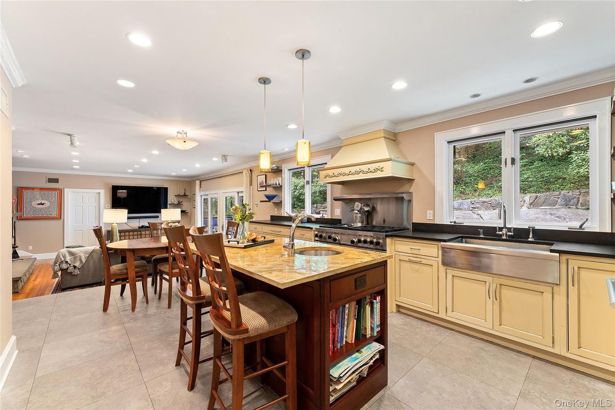 Dining room, Fireplace, Interior, Kitchen, Living room, Pendant Lights, Recessed Lighting, Stainless Steel Appliances