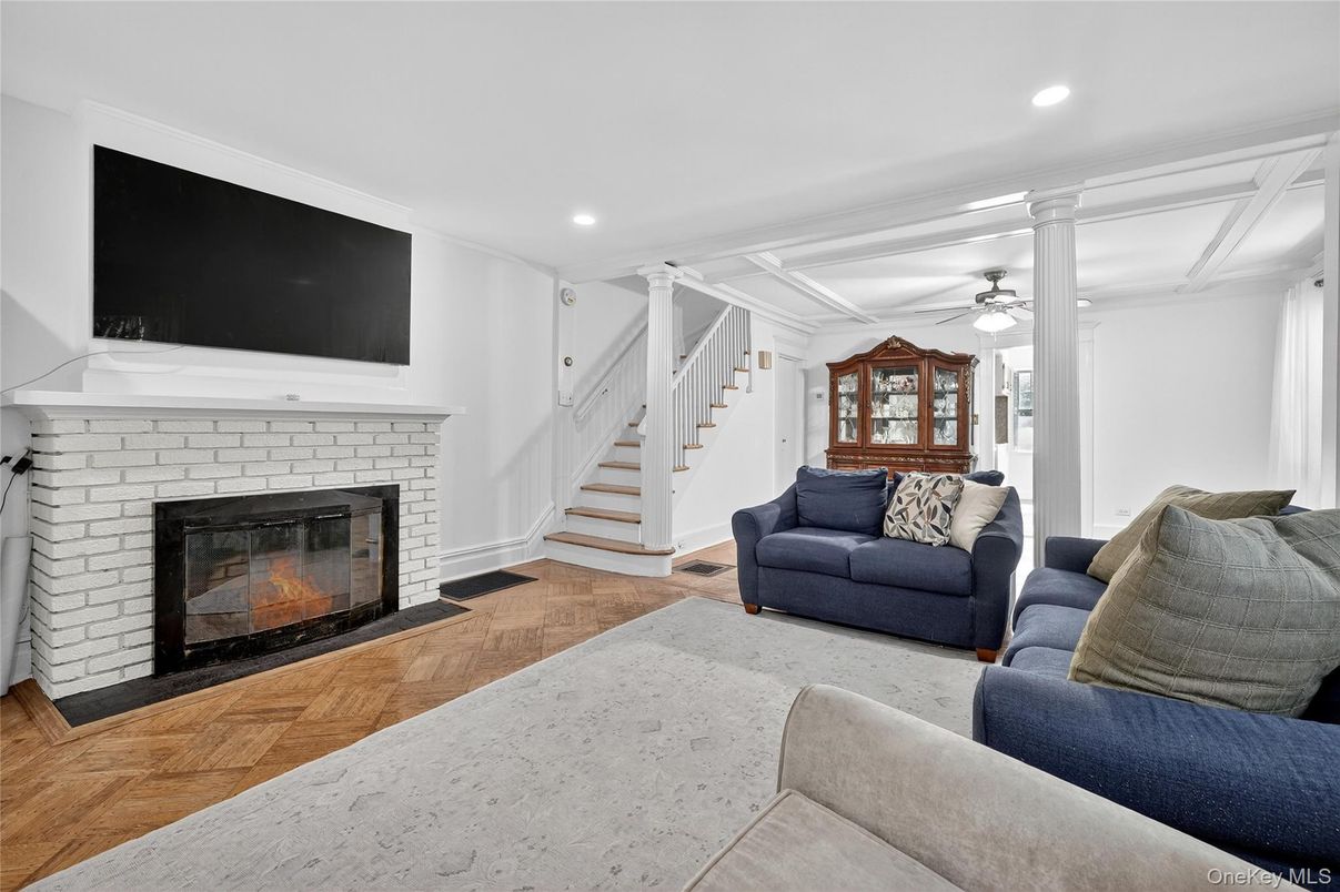 Fireplace, Interior, Living room, Recessed Lighting, Wood Texture Flooring