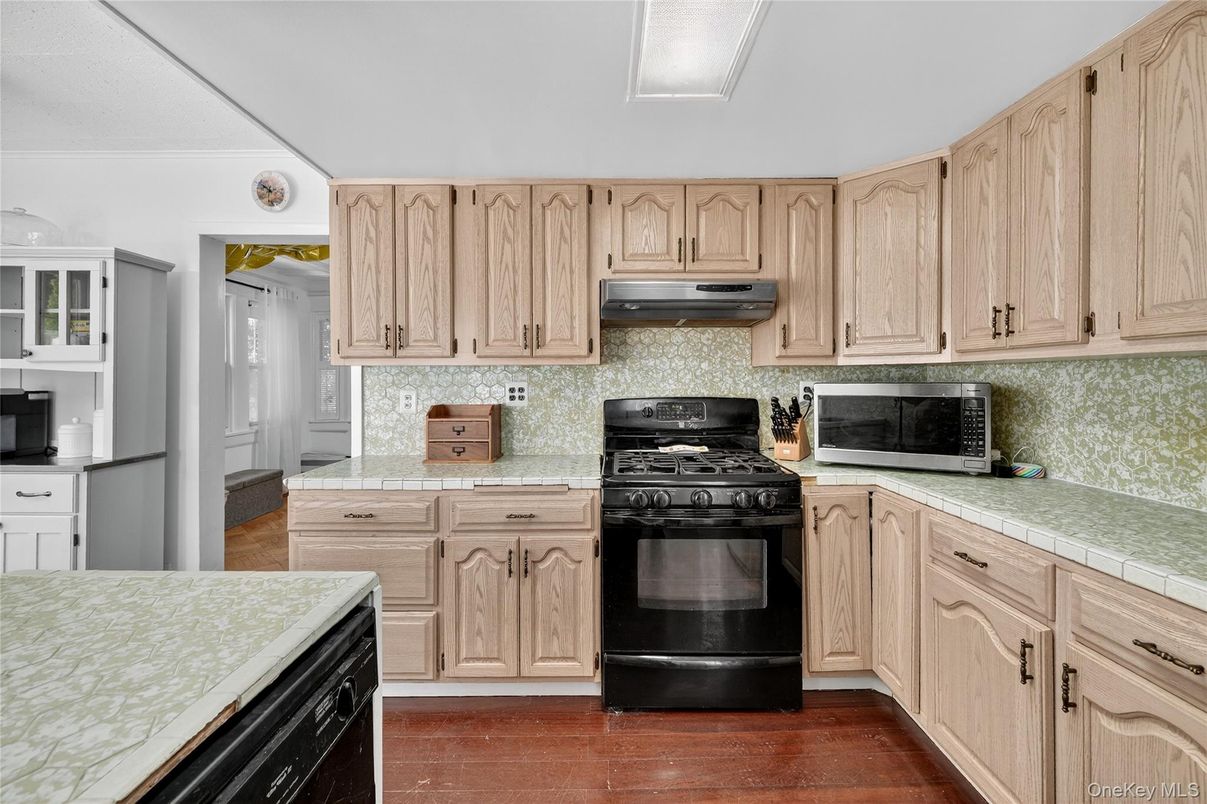 Interior, Kitchen, Tile Countertops, Wood Texture Flooring