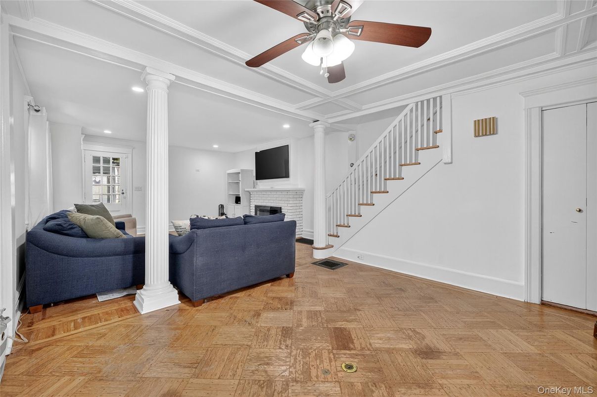 Fireplace, Interior, Living room, Recessed Lighting, Wood Texture Flooring