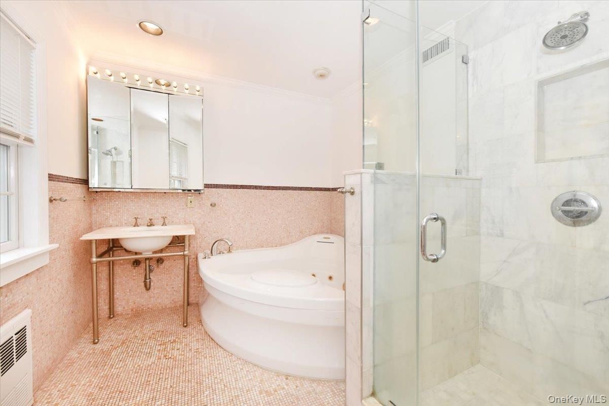 Bathroom, Glass Shower, Interior, Marble Walls, Recessed Lighting