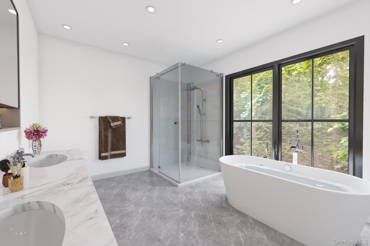 Bathroom, Dual Sink Vanities, Free Standing Baths, Glass Shower, Interior, Marble, Recessed Lighting