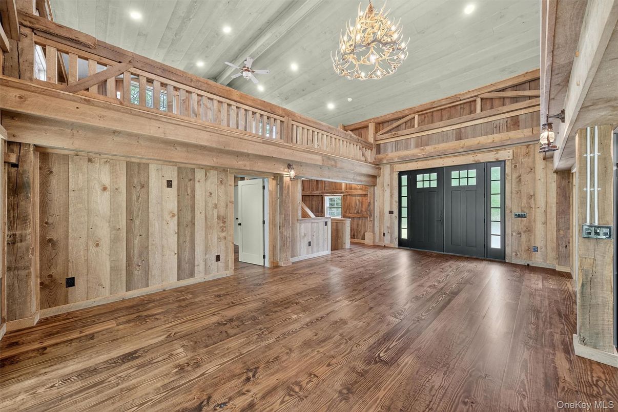 Chandelier, Empty room, Interior, Recessed Lighting, Wooden Beams, Wood Texture Flooring, Wooden Walls