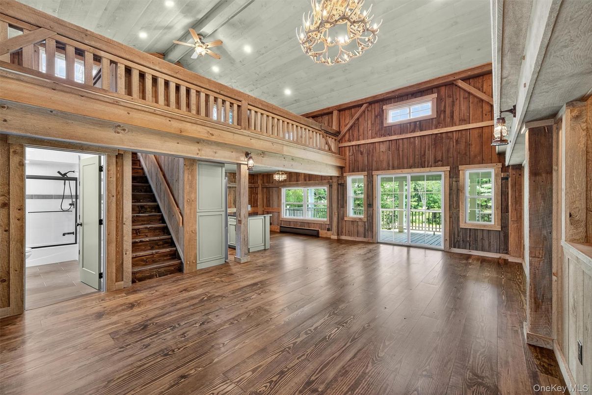 Chandelier, Interior, Recessed Lighting, Wooden Beams, Wood Texture Flooring, Wooden Walls