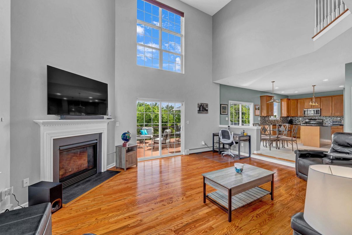 Dining room, Fireplace, Interior, Kitchen, Pendant Lights, Recessed Lighting, Wood Texture Flooring