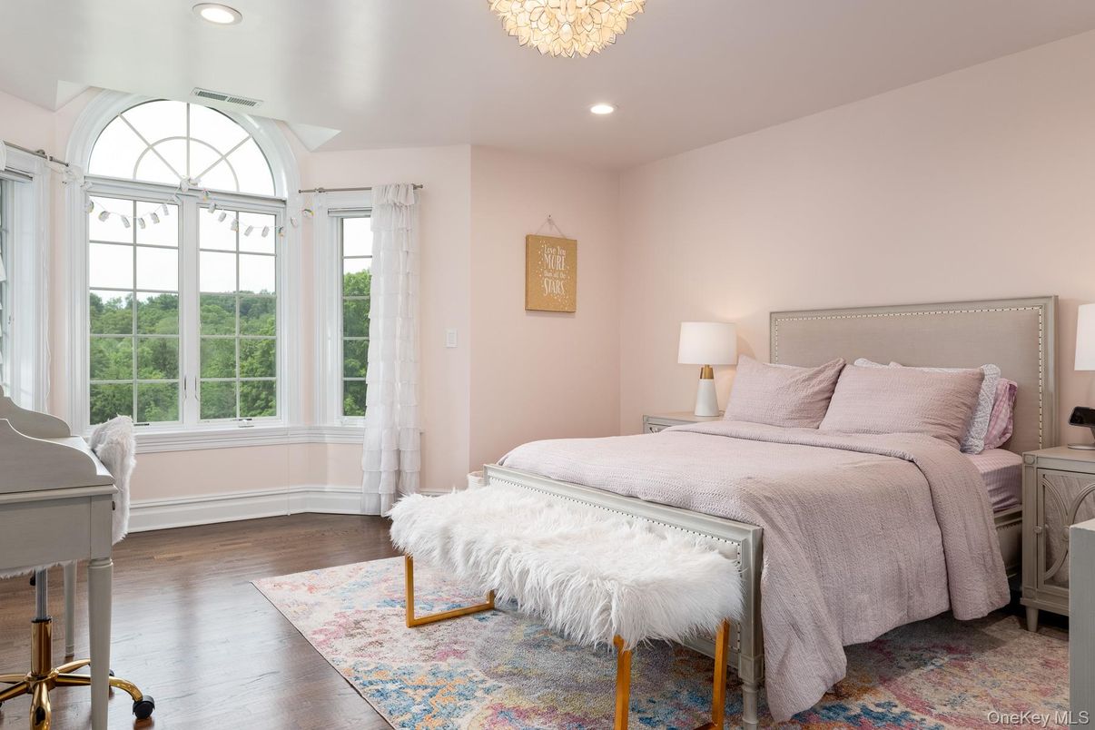 Bedroom, Chandelier, Interior, Recessed Lighting, Wood Texture Flooring
