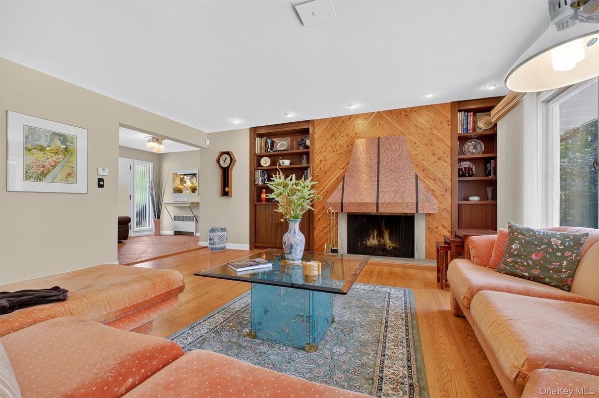 Fireplace, Interior, Living room, Recessed Lighting, Wood Texture Flooring