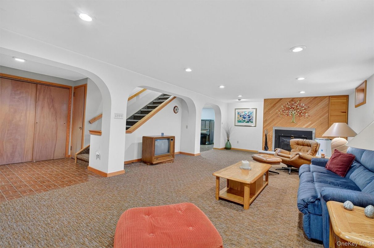 Fireplace, Interior, Living room, Recessed Lighting, Wooden Walls