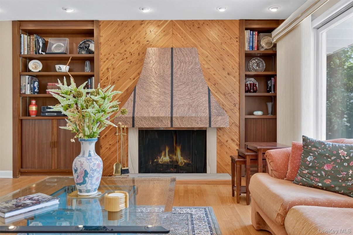 Fireplace, Interior, Recessed Lighting, Wood Texture Flooring, Wooden Walls