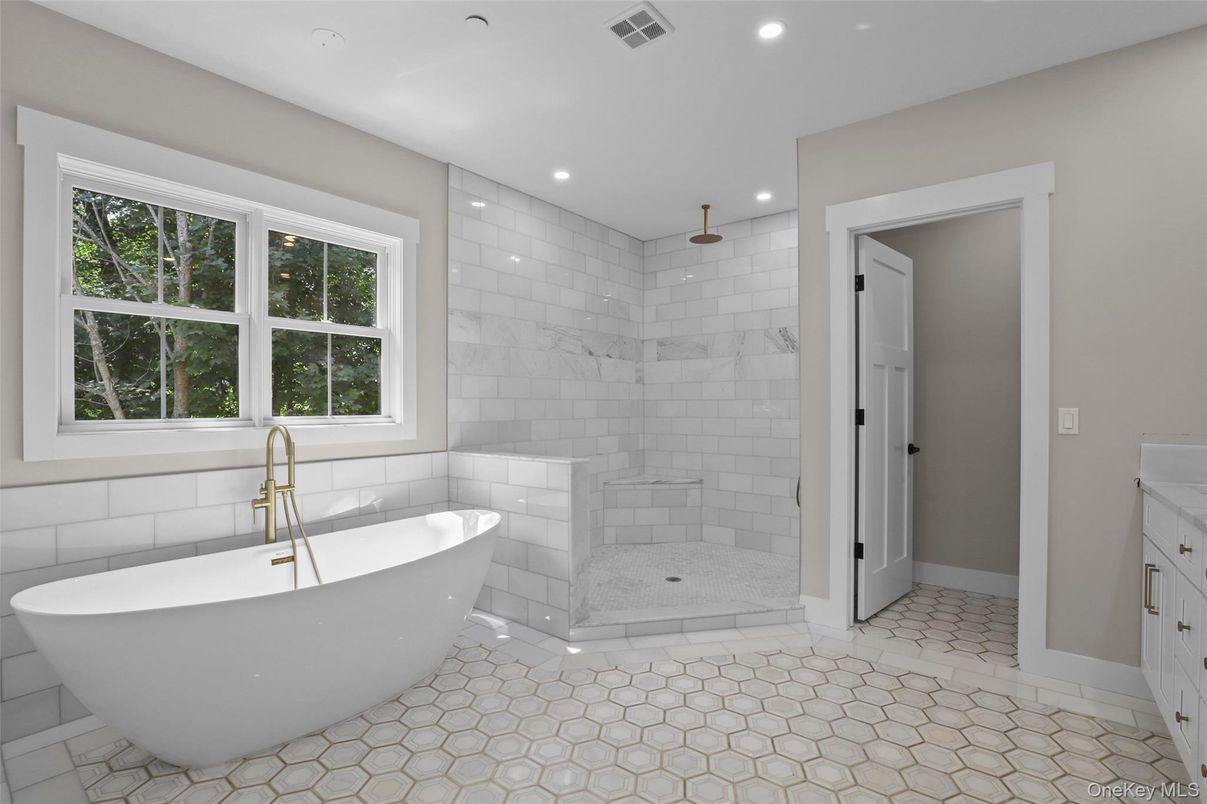 Bathroom, Free Standing Baths, Interior, Marble Walls, Recessed Lighting