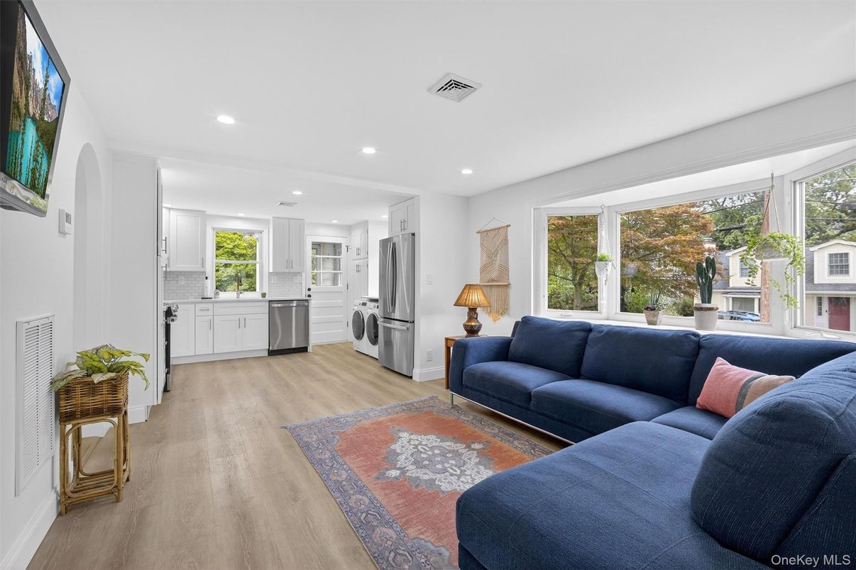 Interior, Kitchen, Living room, Recessed Lighting, Stainless Steel Appliances, Wood Texture Flooring