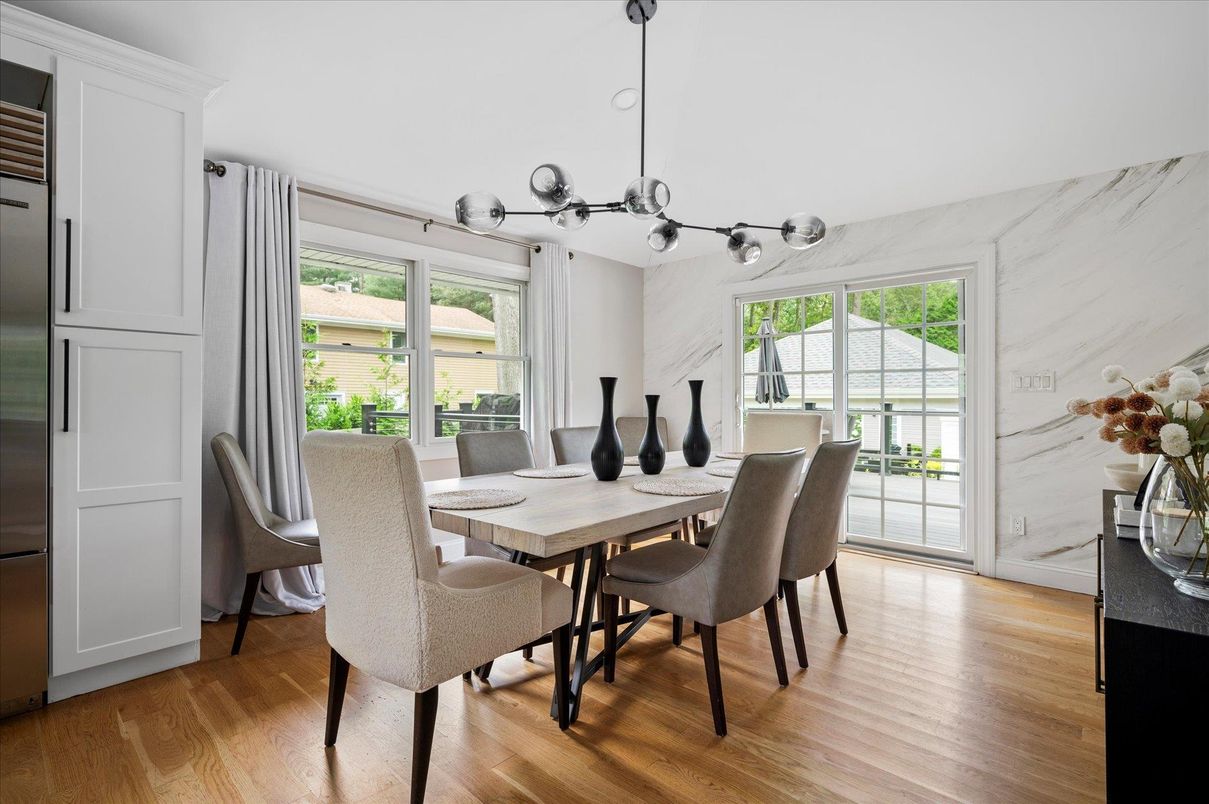 Dining room, Interior, Pendant Lights, Wood Texture Flooring