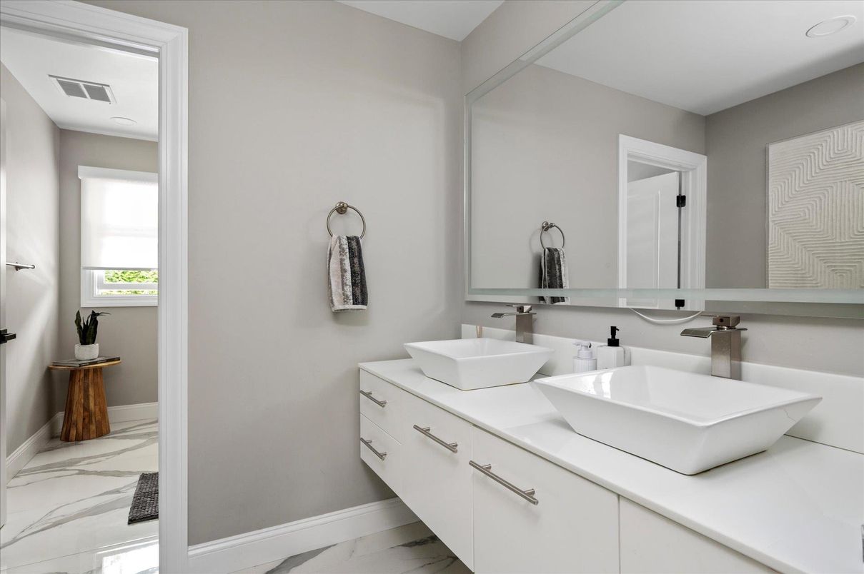Bathroom, Dual Sink Vanities, Interior, Marble, Recessed Lighting
