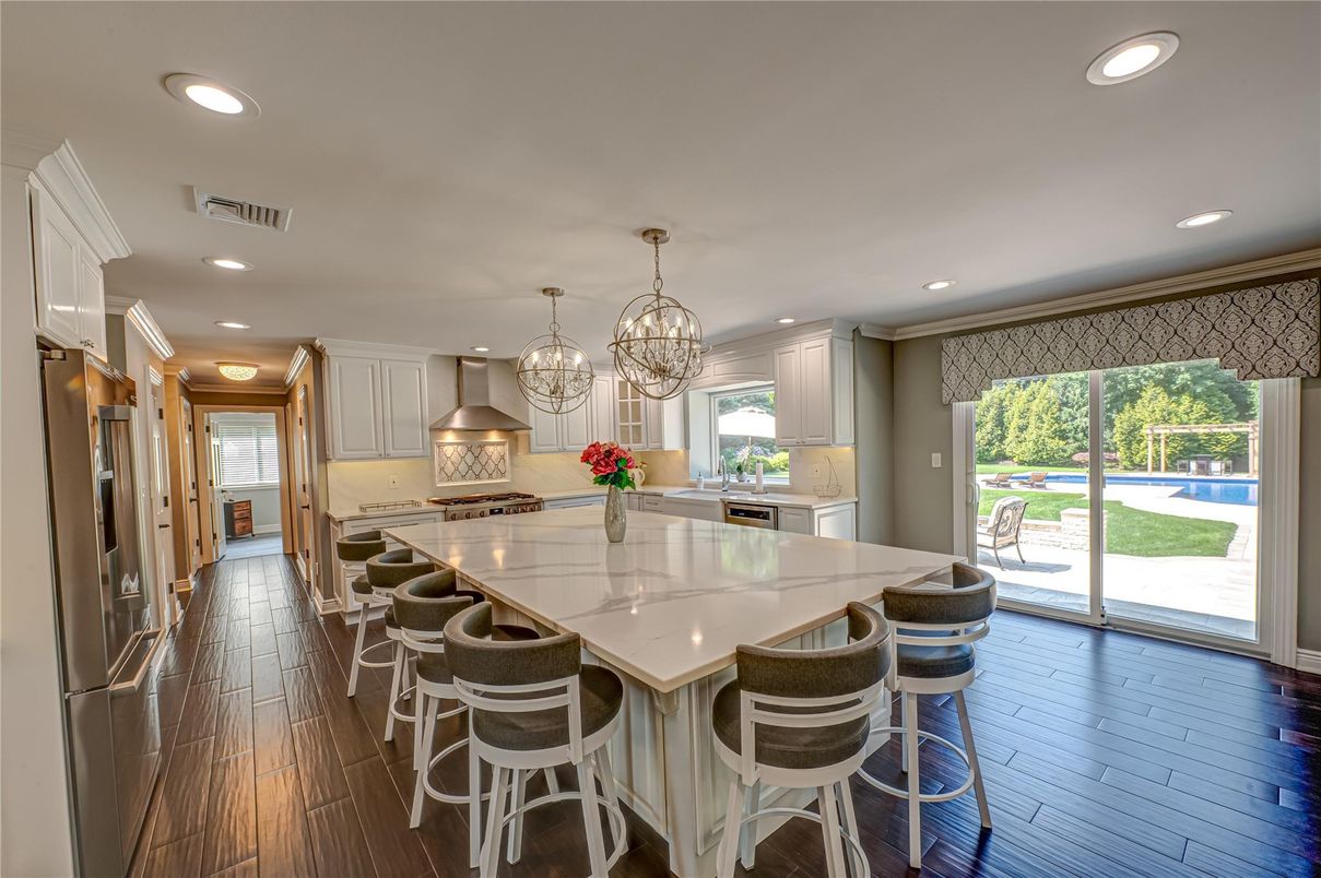 Chandelier, Interior, Kitchen, Recessed Lighting, Stainless Steel Appliances, Wood Texture Flooring