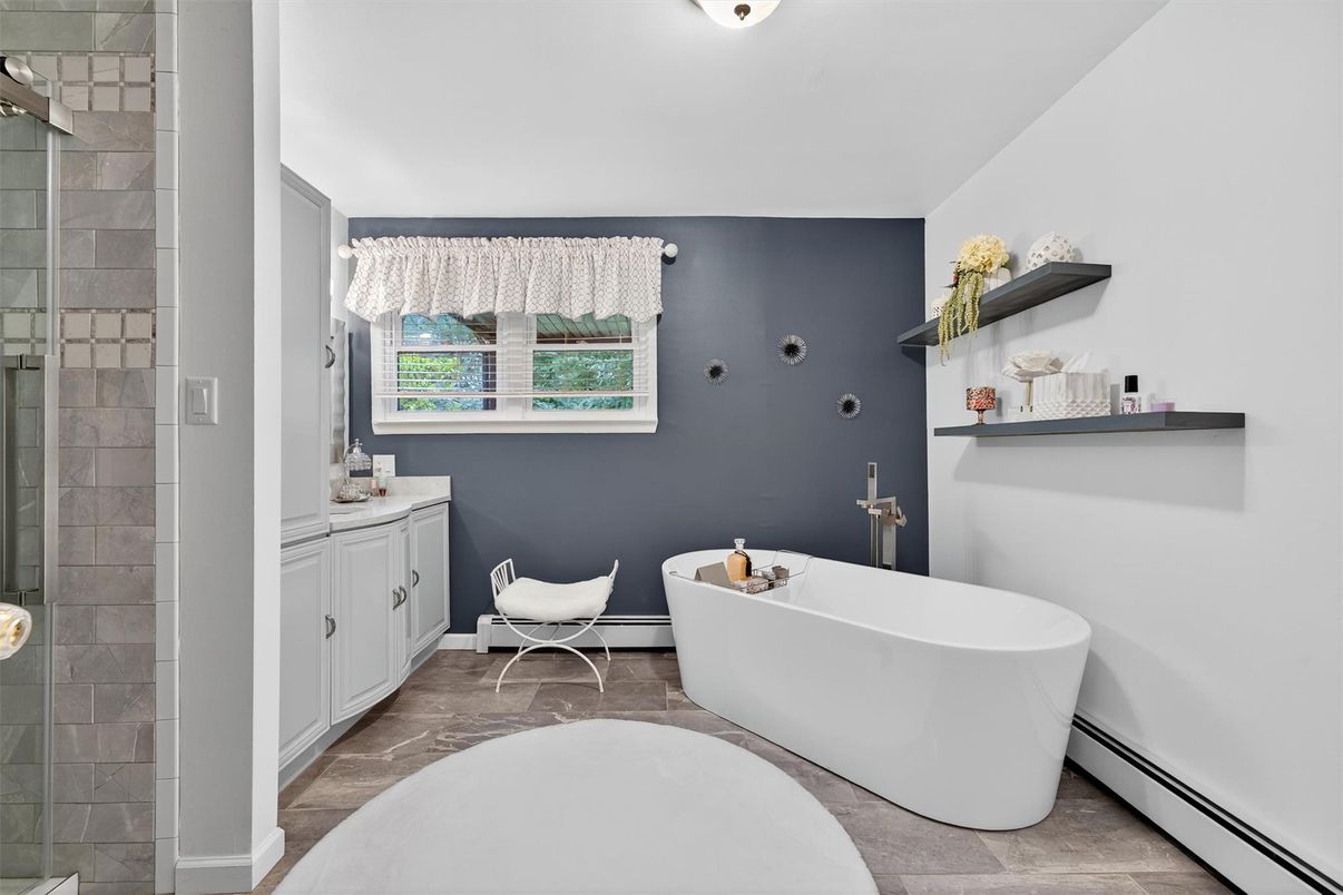 Bathroom, Free Standing Baths, Glass Shower, Interior, Wood Texture Flooring