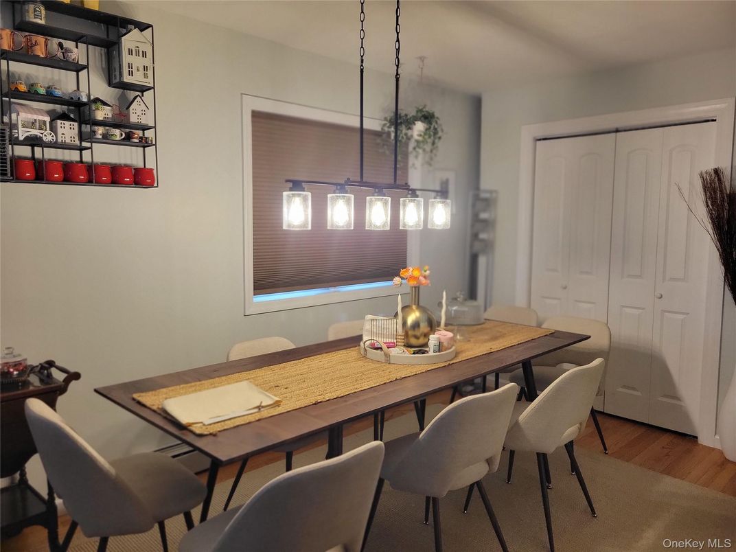 Dining room, Interior, Pendant Lights, Wood Texture Flooring