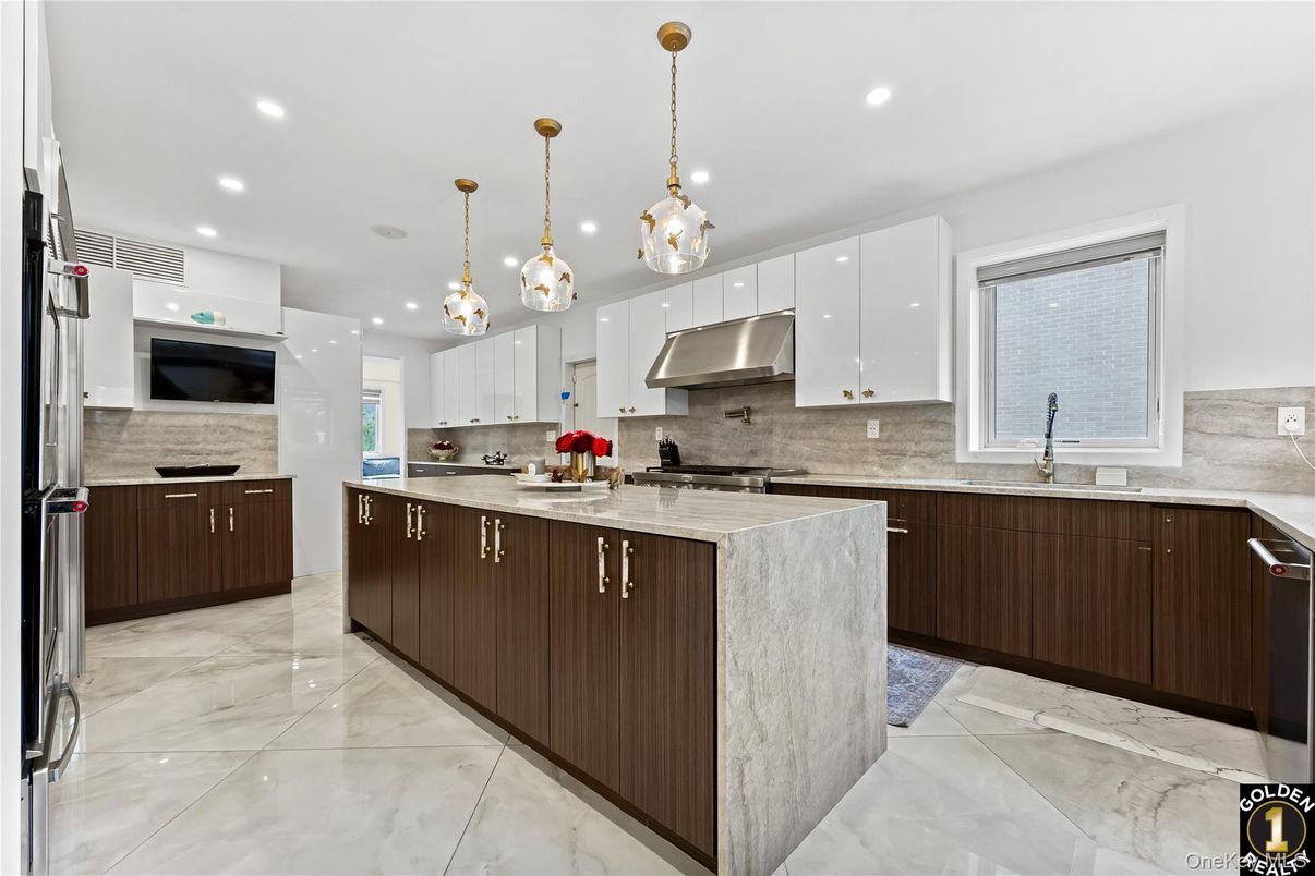 Interior, Kitchen, Marble, Pendant Lights, Recessed Lighting, Stainless Steel Appliances