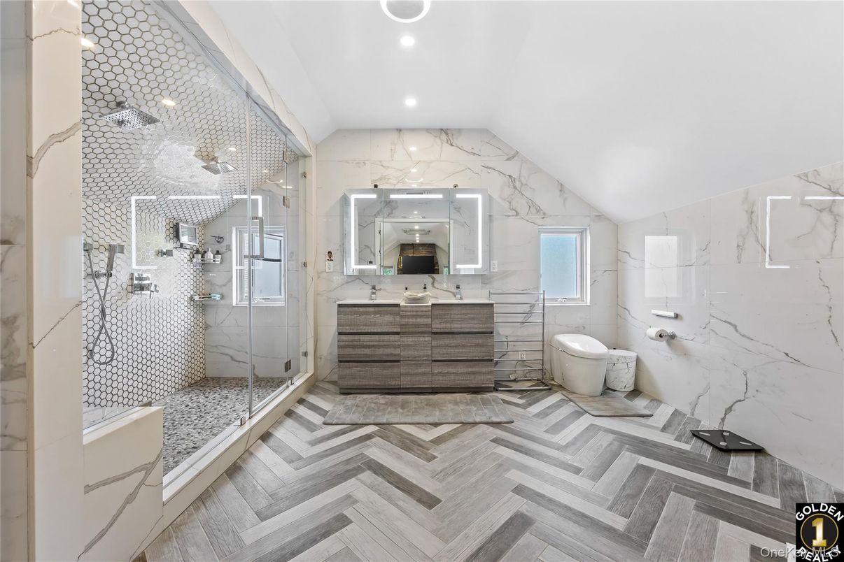 Bathroom, Glass Shower, Interior, Marble Walls, Recessed Lighting, Wood Texture Flooring