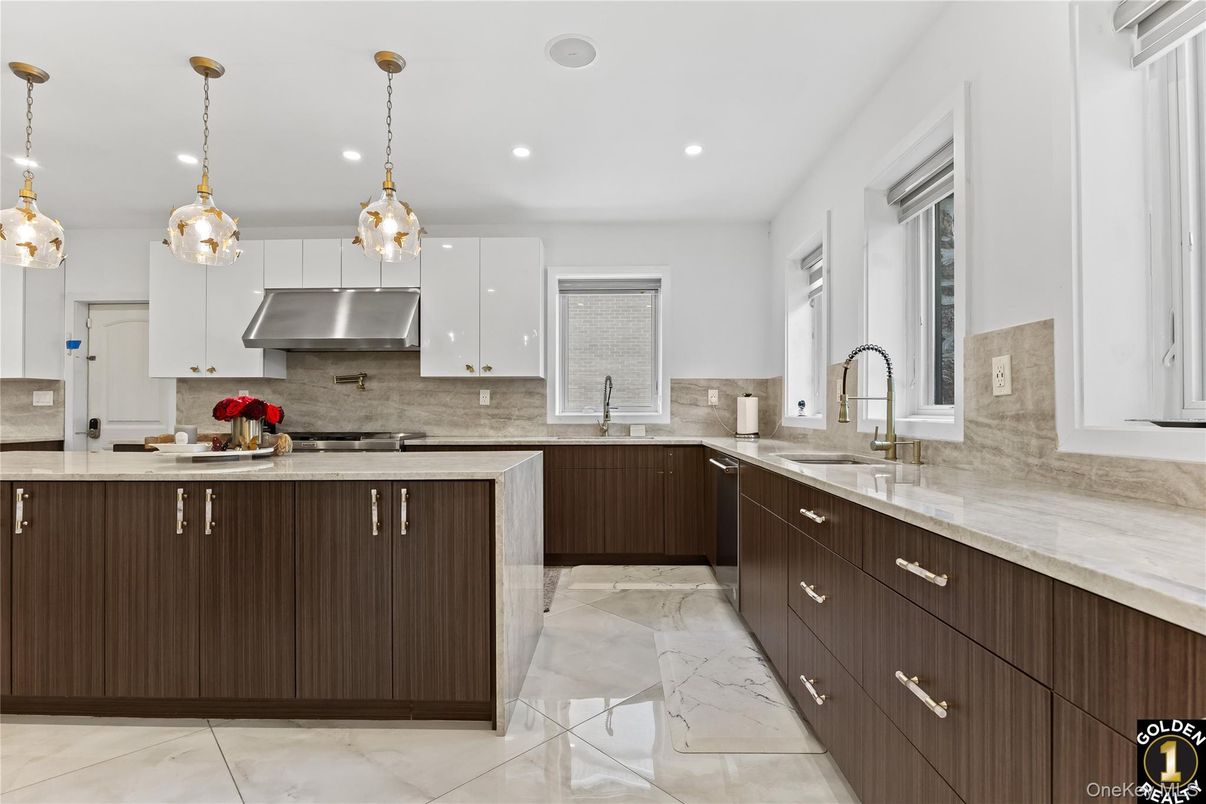Interior, Kitchen, Marble, Pendant Lights, Recessed Lighting, Stainless Steel Appliances