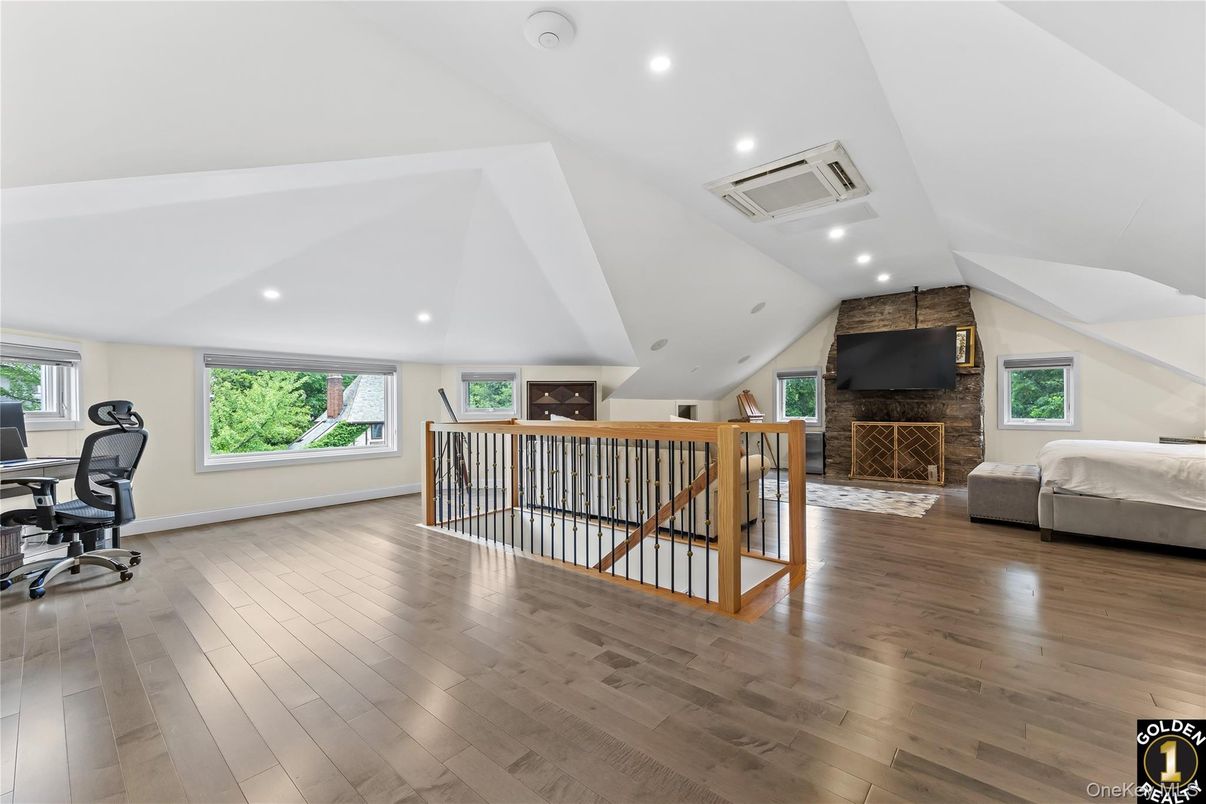Fireplace, Home Office, Interior, Recessed Lighting, Stone Walls, Wood Texture Flooring
