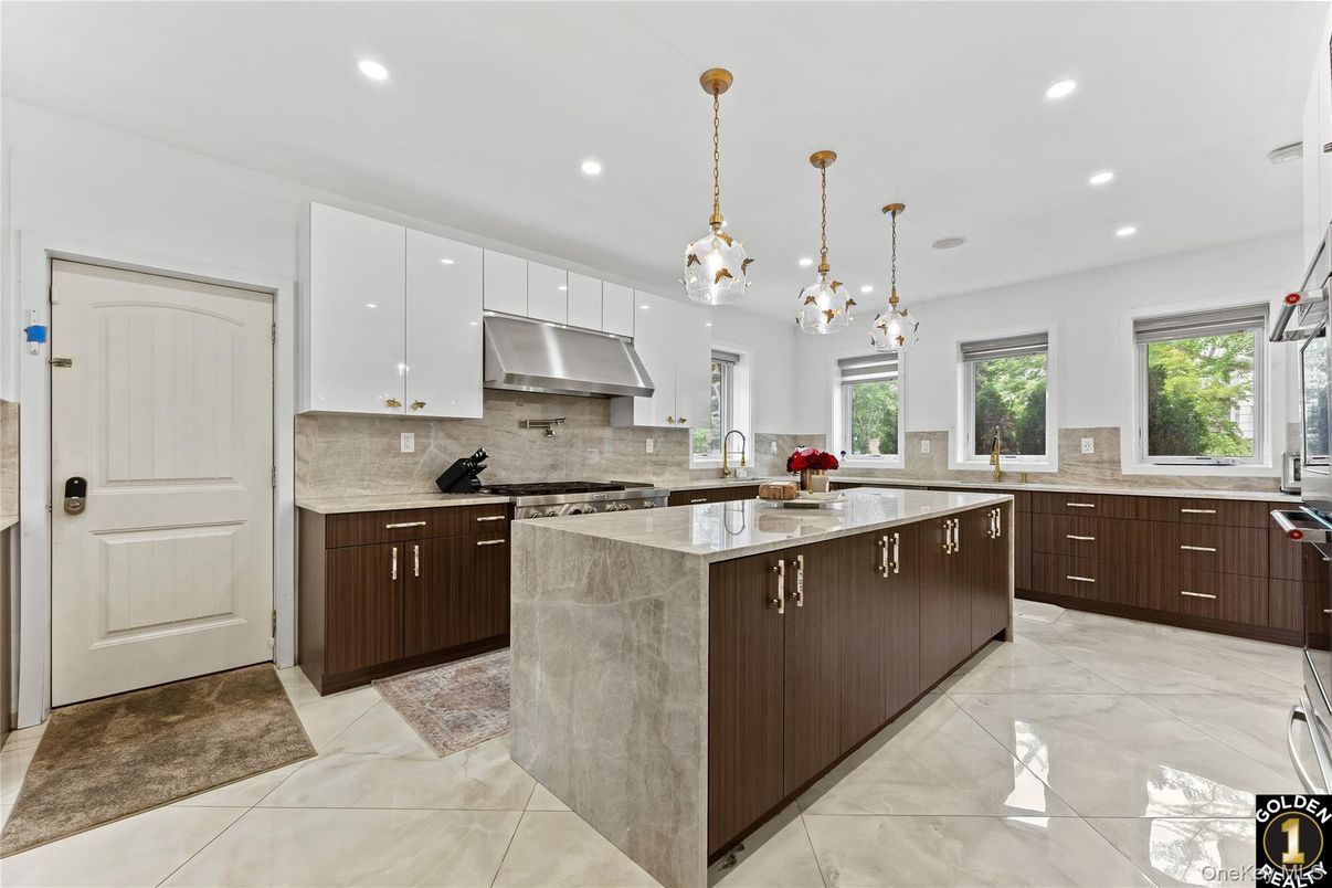 Interior, Kitchen, Marble, Pendant Lights, Recessed Lighting, Stainless Steel Appliances